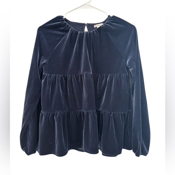 J.Crew Crewcuts Girls Navy Blue Velvet Ruffle Long Sleeve Top Size 14 - Picture 1 of 6
